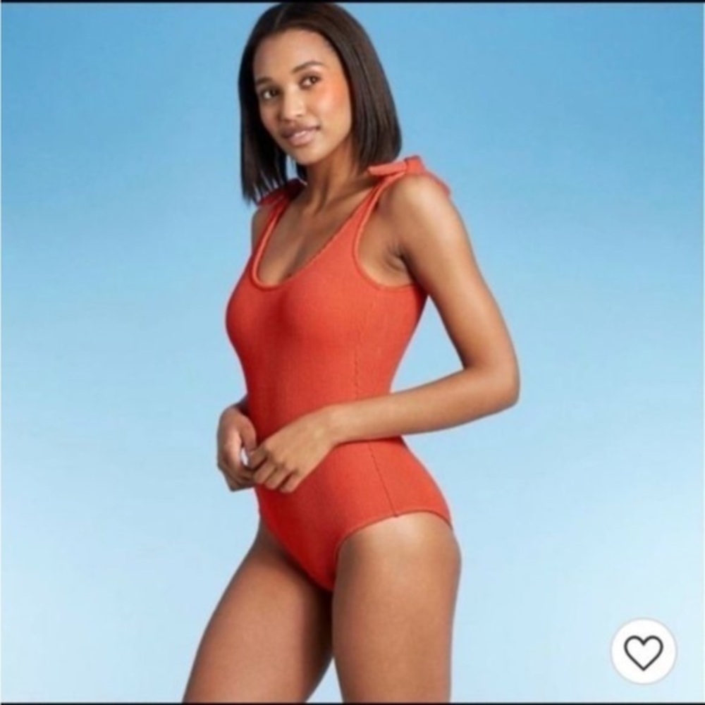 Kona Sol orange ribbed tie shoulder one piece swimsuit size L